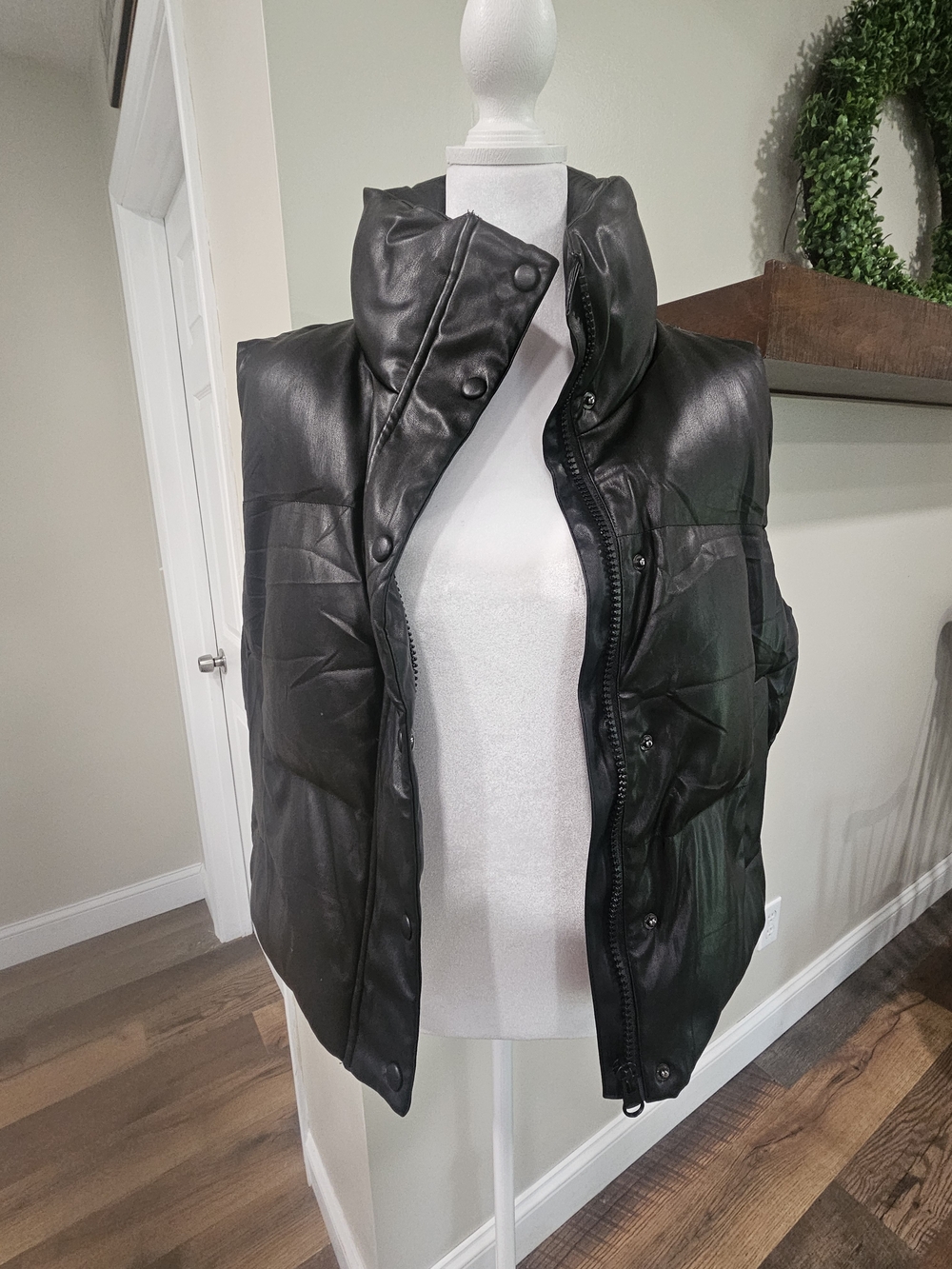Women's Black Quilted Faux Leather Puffer Vest
